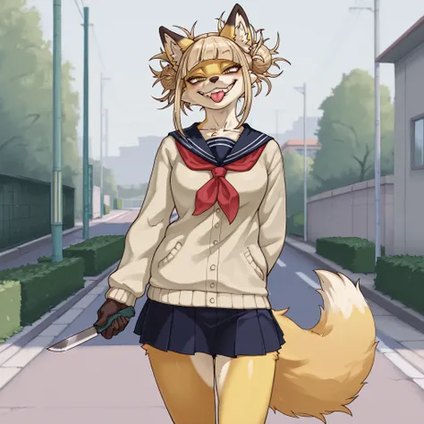 absurdres, masterpiece, best quality, 1girl, solo,
, Toga_Himiko, Anthro furry yellow fox girl,Anthro furry fox, blonde fur, blonde hair, Fox snout, slender, school uniform, grinning, :P, outdoors, on a neighborhood sidewalk, standing, holding a knife 