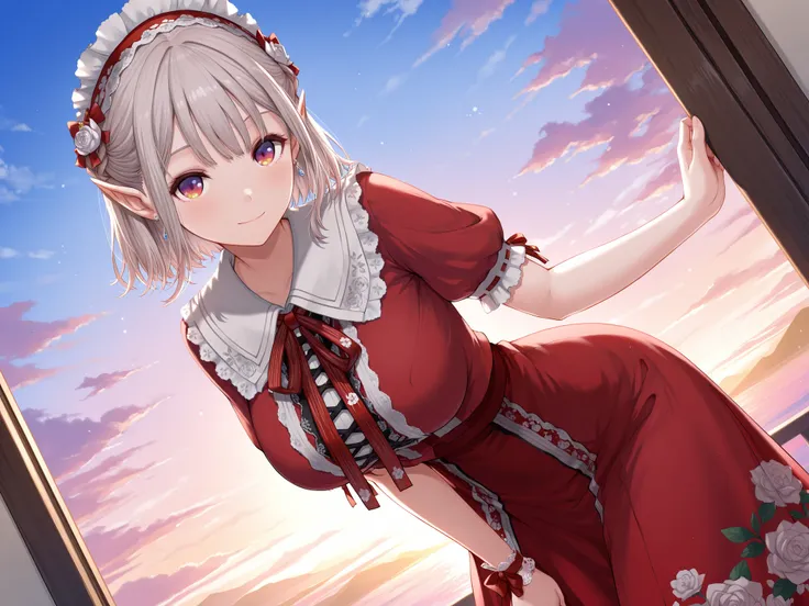masterpiece,best quality, amazing quality, highres, absurdres, very aesthetic, high resolution, ultra detailed, perfect details,niji-elu,,large breasts,gradient eyes,red eyes,purple eyes,grey hair,pointy ears,short hair,bangs,earrings,niji-elucos1,red dres...