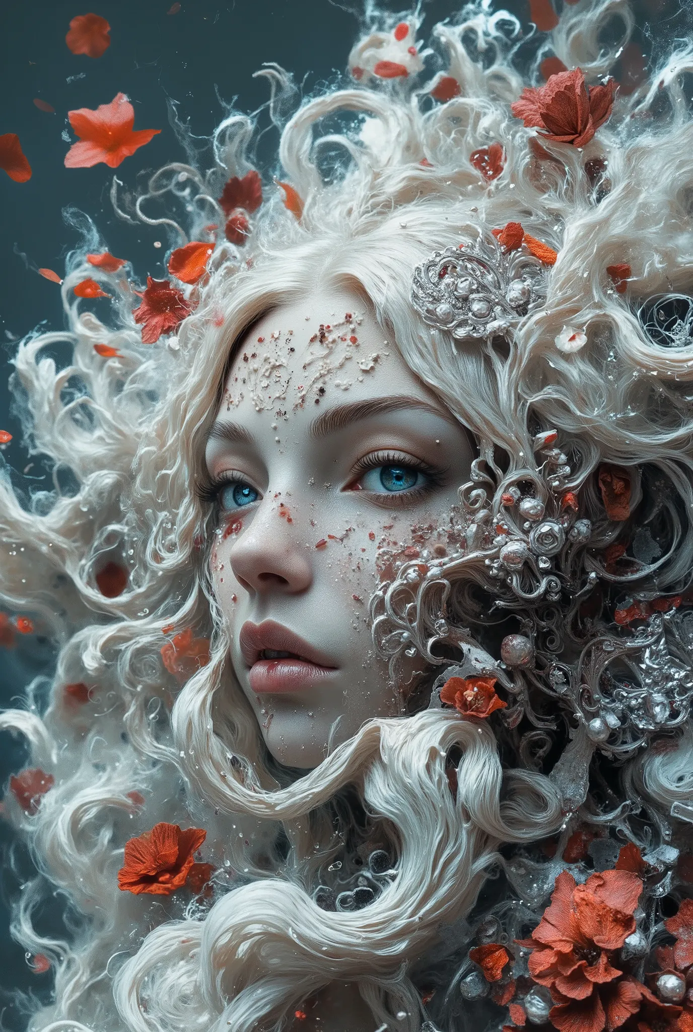 extreme macro facial close-up, high-contrast ink-wash image in luminous monochrome, the only color provided by deep-blue irises and red falling flower petals; faux shallow depth-of-field suggests large-aperture optics, soft side light from left sculpts low...