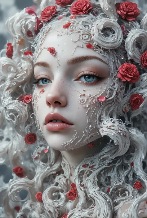 extreme macro facial close-up, high-contrast ink-wash image in luminous monochrome, the only color provided by deep-blue irises and red falling flower petals; faux shallow depth-of-field suggests large-aperture optics, soft side light from left sculpts low...