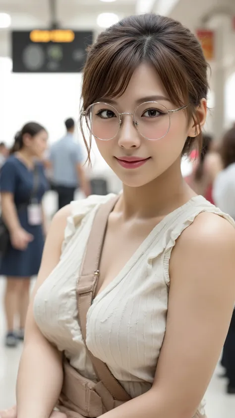 A photorealistic image of a Japanese woman meeting her lover at a busy train station in Japan during summer. The station is bustling with people. The woman has short hair, with one side tucked behind her ear, where she wears a silver earring. She is wearin...