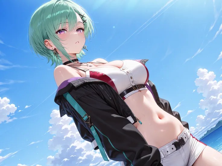 solo,masterpiece,best quality, amazing quality, highres, absurdres, very aesthetic, high resolution, ultra detailed, perfect details,(masterpiece, detailed:1.2),beni sporty, short hair, x hair ornament, black choker, necklace, earrings, white crop top, bla...
