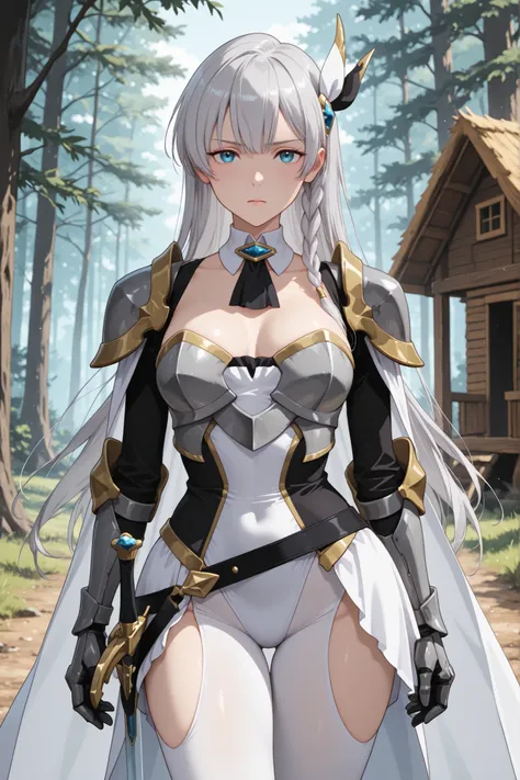1girl, Allucia, side braid, long hair, grey hair, blue eyes, hair ornament,  white cape, detached collar, black ascot, pauldrons, armored dress, white leotard, medium breasts, gauntlets, black belt, sheathed, sword, thigh cutout, white pantyhose, outdoors,...