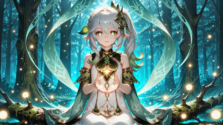  nahida (genshin impact) a beautiful young girl, and a gentle smile, sitting on a mossy log in a spirit forest, her gaze directed back towards the viewer. Dark Forest with Lots of Black Roses,Spirit Girl, Black  Hair Ornament。golden glow. Add magic particl...