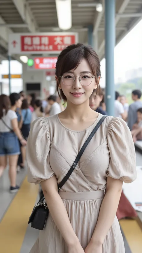 A photorealistic image of a Japanese woman meeting her lover at a busy train station in Japan during summer. The station is bustling with people. The woman has short hair, with one side tucked behind her ear, where she wears a silver earring. She is wearin...