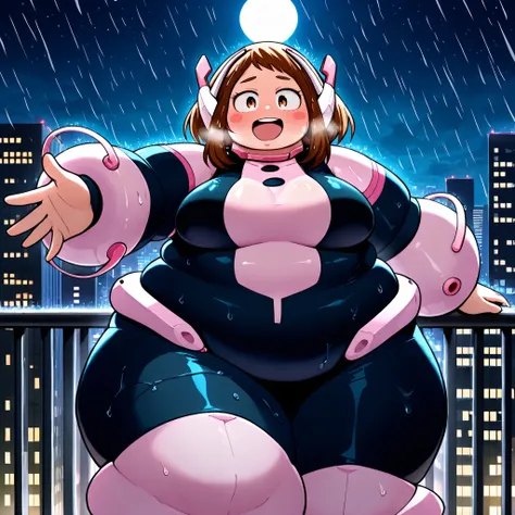 masterpiece, best quality, 1girl, solo, looking at viewer, urarak4, brown hair, short hair, blush stickers, , outdoors, rooftop, cityscape, building, (rain), beckoning, reaching towards viewer, cowboy shot, brown eyes, uravity_suit, pink armbands, multicol...