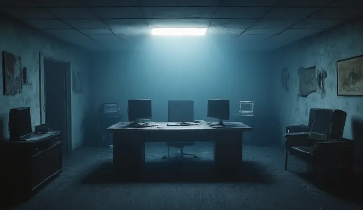 An empty Office, dark, surreal, liminal, hyper realistic, high detail, masterpiece.