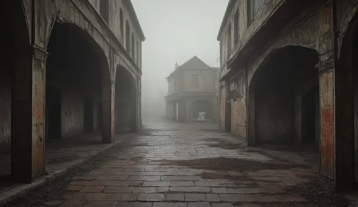 An empty city street in an antique town, dark, surreal, liminal, hyper realistic, high detail, masterpiece.
