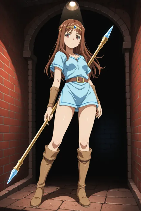 A woman with long brown hair, wearing a circlet, short tunic and tall thigh-high hide boots, holding a single small golden rod with a small blue crystal on the tip, in a red brick dungeon, natural lighting, in full view in a highly detailed anime style