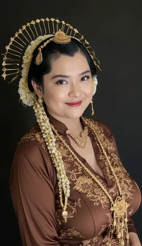 A beautiful indonesian mom 45s has plump body , dressed in traditional Javanese formal attire, She wears a wearing a brown kebaya with gold ornament , paired with a beautifully patterned batik kain in earthy tones . His outfit is completed with a gold-acce...