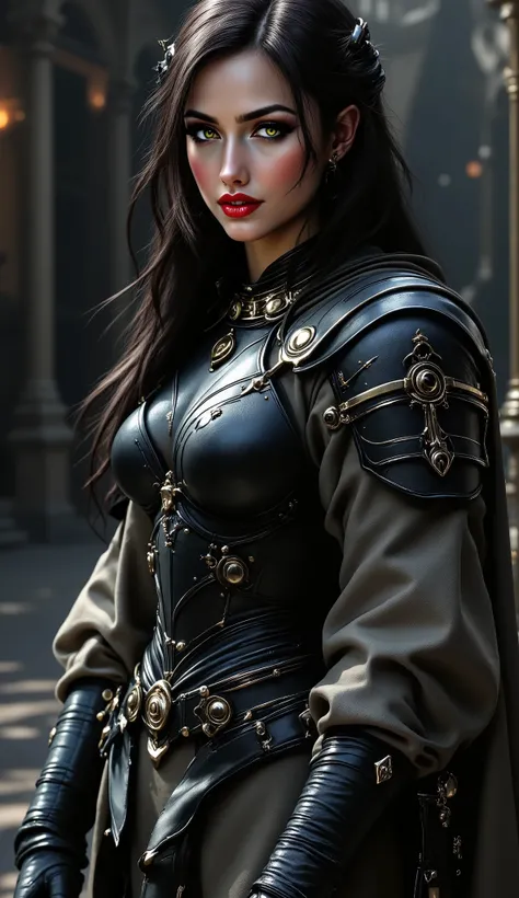 Dt@1lr,Fl^xPr0Ultr@,n@t@sh@, Realistic photo of a gothic-inspired female in detailed, ornate armor, standing in a moody medieval cityscape. Dark tones, dramatic lighting, high contrast, sharp shadows, and rich textures create an atmospheric and hauntingly ...