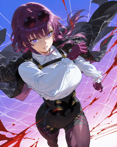 black jacket, gloves, high-waist shorts, jacket, pantyhose, pantyhose under shorts, shirt, shorts, white shirt,,kafka, eyewear on head, round eyewear, purple eyes, purple hair, long hair,,perfect mature body,  elegant, cute, dynamic angle / intense angle, (perfect muscles), tactical clothes, battle pose,dynamic angle / intense angle,motion lines,great rage,scratch,Pounce,blood stains, female warrior,Purple spider web effect,Battlefield Broa,