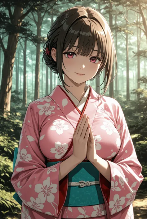 woman praying towards the mountains small, beautiful breasts, pretty kimono brightly colored Outdoors forest Asahi