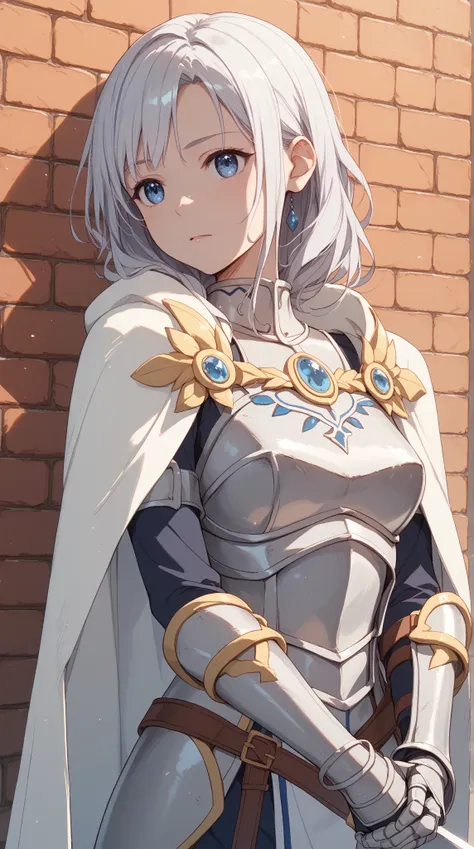 One Female Warrior、upper body、Beautiful woman around 20 years old、long shiny silver hair、Kamihawa's、slender with SMG、blue eyes、white skin、A woman with cool beauty characterized by blue eyes、decorated white platinum armor、platinum boots 、white cloak、A long sword in her right hand 、background is a training ground with brick walls