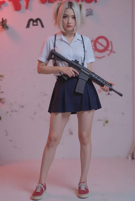Armed schhool girl,citra kirana, blonde bob hairstyle,huge bearsts,sexy,seductive gaze,mp5 modern riffle,red sneakers,seductive gaze,whole body