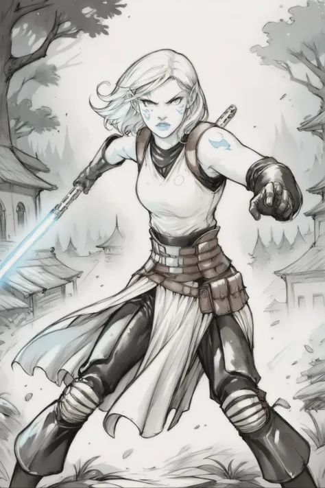 KateR, Pencil sketch, lineart, monochrome, Jarael, alabaster white skin, blue tattoos, facial mark, wearing black body armor, double bladed lightsaber, dynamic stance, ready to fight, dark background, a building on fire in the background, night, forest, ve...