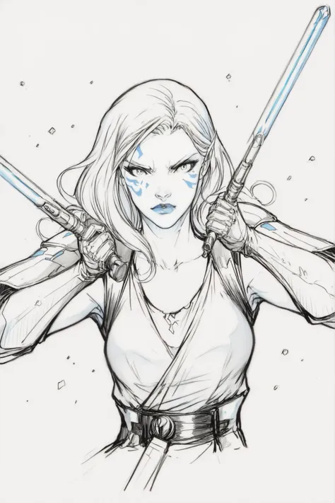 KateR, Pencil sketch, lineart, monochrome, Jarael, alabaster white skin, blue tattoos, facial mark, wearing body armor, dual wielding swords, crystalline swords, dynamic stance, ready to fight, dark background, a village on fire in the background, very det...
