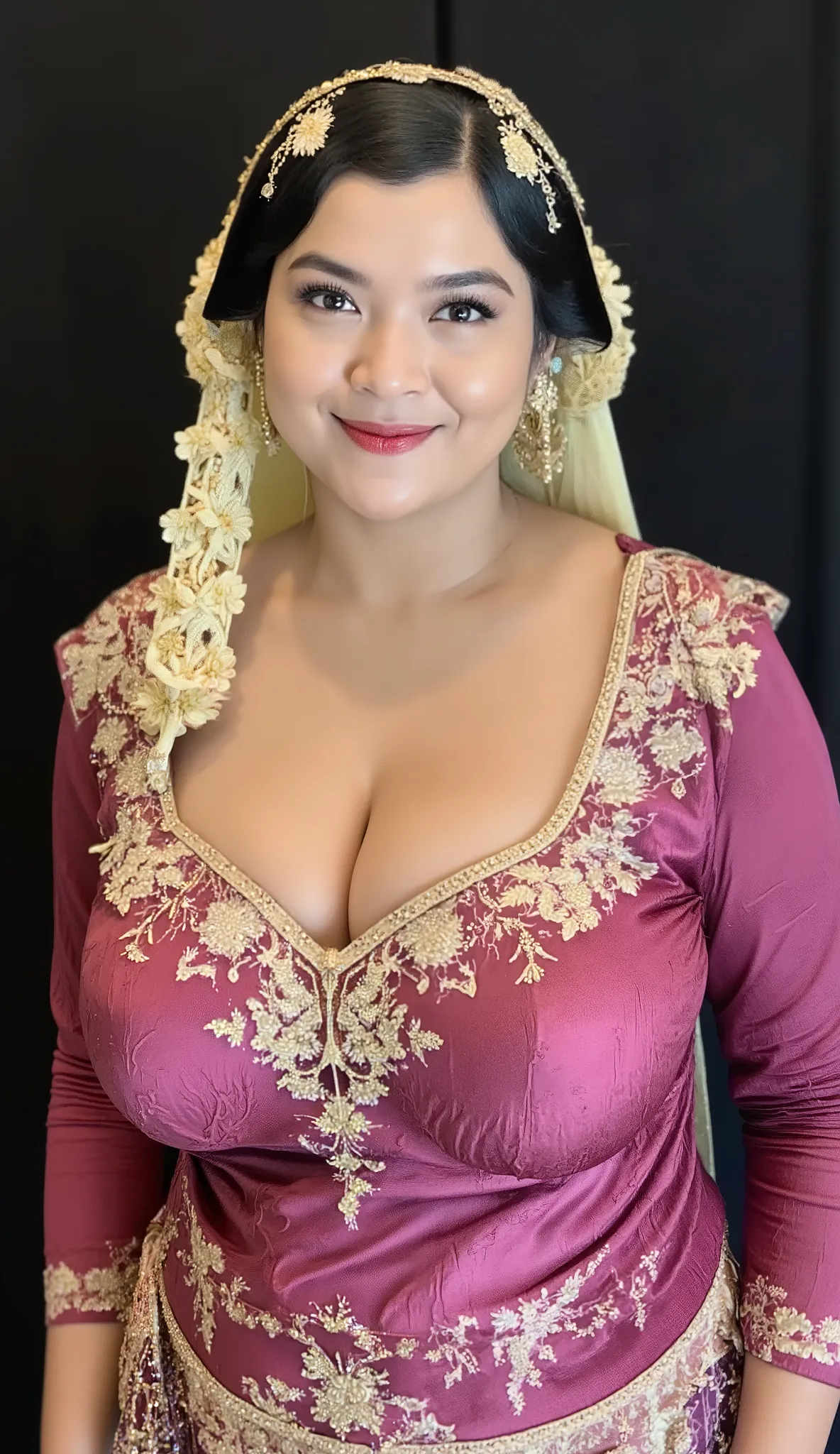 A beautiful indonesian mom 45s has sexy hot mommy mature milf plump body, dressed in luxury traditional Javanese formal attire, She wears a wearing a pink kebaya with gold complex ornament , paired with a beautifully full flowery patterned batik kain in ea...