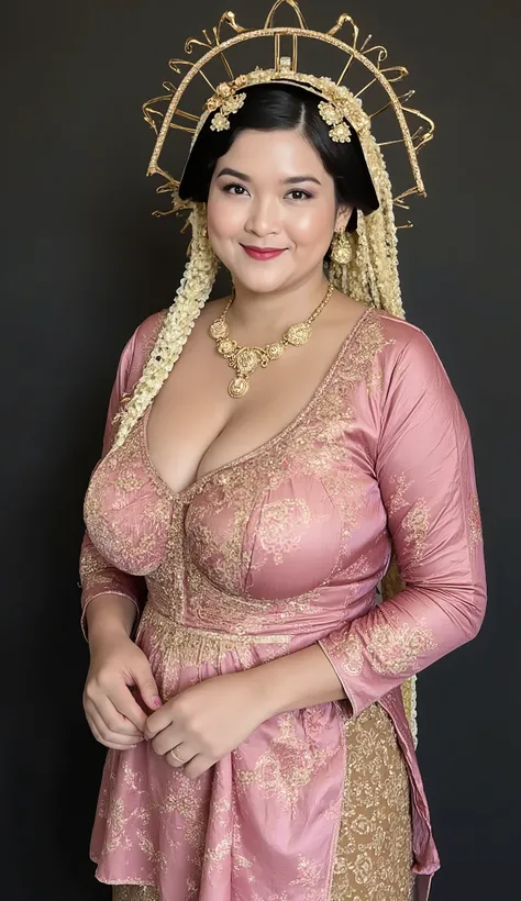 A beautiful indonesian mom 45s has sexy hot mommy mature milf plump body, dressed in luxury traditional Javanese formal attire, She wears a wearing a pink kebaya with gold complex ornament , paired with a beautifully full flowery patterned batik kain in ea...