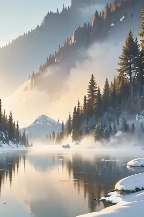 a misty dawn landscape, serene forest, sunlight peeking through fog, tranquil lake reflection, snow-capped mountains in background, birds taking flight, moody atmospheric lighting, muted color palette, photorealistic, 8K, masterpiece, physically-based rend...