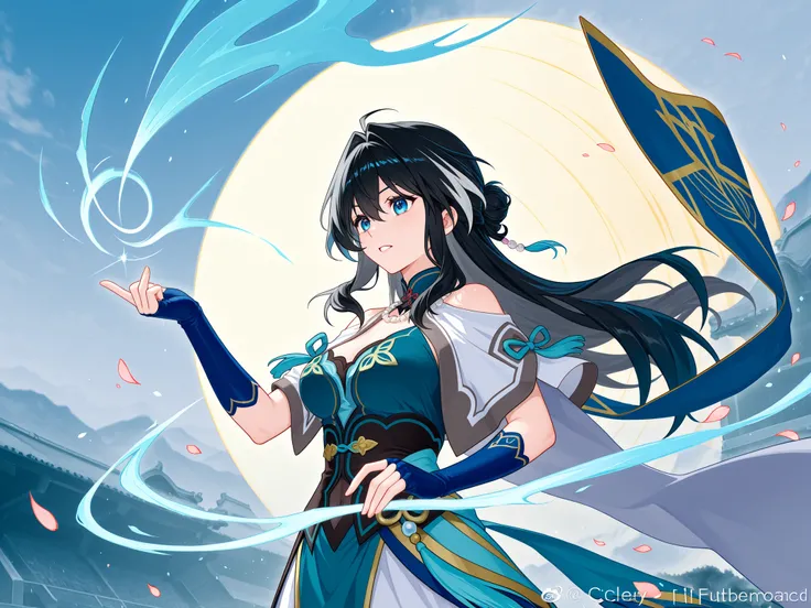 RuanMeibren standing on a battlefield with fluttering plum petals、A clear, icy aurora of sparkling blue mixed with green and sparkling blue emitted from the palm of the hand with a dancing gesture、Aerial Bust  rough battlefield seen over the shoulder、ultra...