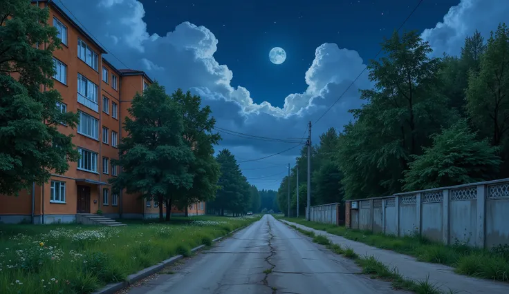 landscape, street, USSR Vibes, detailed panelki, Russian Apartments, many green trees, night, summer, big moon, stars:1.5, cloudy:1.5, grass, crossroad:1.5, cracks in the asphalt:0.3, soviet-style concrete fence:0.15, flowers:0.15, without sun, garages