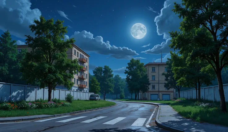 landscape, street, USSR Vibes, detailed panelki, Russian Apartments, many green trees, night, summer, big moon, stars:1.5, cloudy:1.5, grass, crossroad:1.5, cracks in the asphalt:0.3, soviet-style concrete fence:0.15, flowers:0.15, without sun, garages