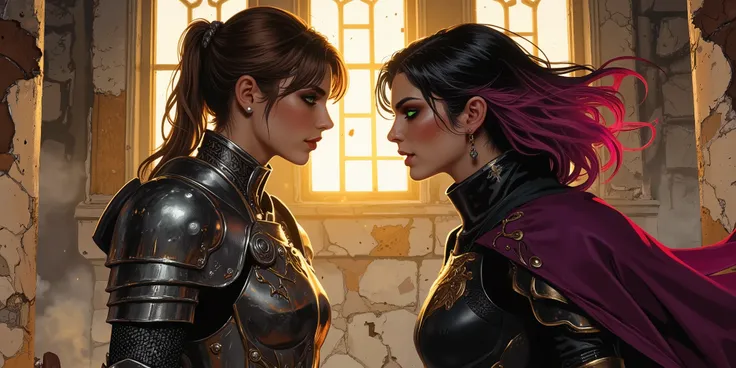 Two sisters locked in a heated confrontation, captured in a dramatic side view, standing in the ruins of a decayed noble mansion. The background is eerie—boarded windows, cracked walls with peeling paint, mold creeping through ancient stone, dust hanging i...