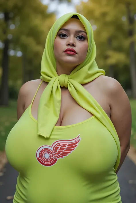 Disappointed facial expression, Front posing, Wearing Scarf neck tie, Front posing, (((MOODY FACE EXPRESSION))), "Wearing Hijab perfectly",  wearing Scoop Neck Sleeveless neon green Bodysuits strapless swimsuit 'Red Wing Logo Print', (KEDUA BELAH TANGAN DI...