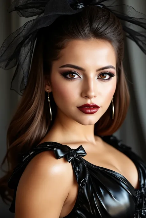 red lip gloss, thick black eyeliner flicks, mascara, face close up, beautiful brown hair, latex rubber wedding dress with ruffles and latex veil, huge oily tits, 