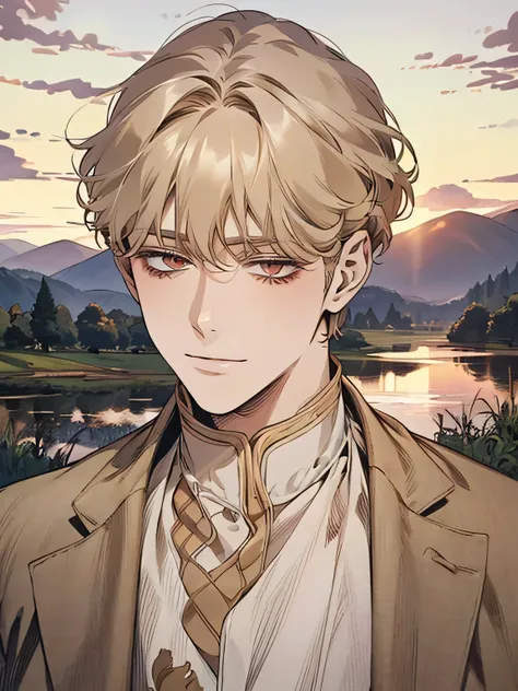 alone, Man with white skin and light brown! hair and brown eyes with soft, round eyes in the anime, clean animated outlines , Head with curly and bushy bangs, Animated portrait of a man, man anime style, soft smile , Affectionate expression, Country yout...