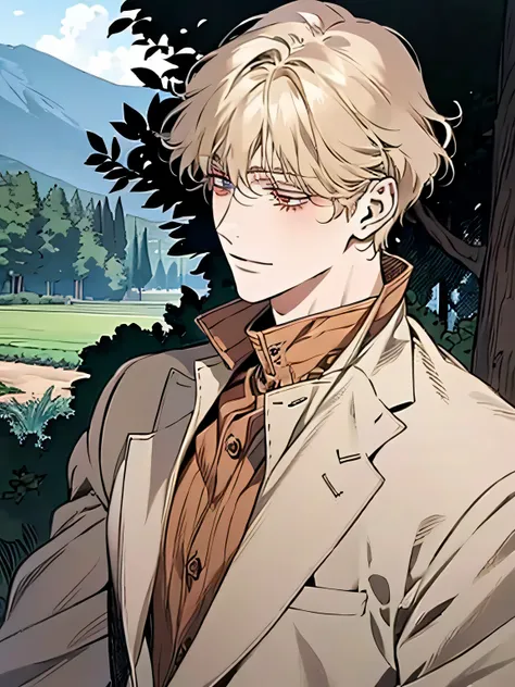 alone, Man with white skin and light brown! hair and brown eyes with soft, round eyes in the anime, clean animated outlines , Head with curly and bushy bangs, Animated portrait of a man, man anime style, soft smile , Affectionate expression, Country yout...