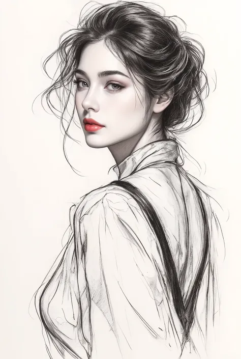 Monochrome ink painting , Pen sketch , gentle brushstrokes , and the pen draws delicate lines , Fluid Action , Subtle shades of paint , elegant posture , gentle expression , things to draw、with an emphasis on simplicity and restraint、focuses on delic...