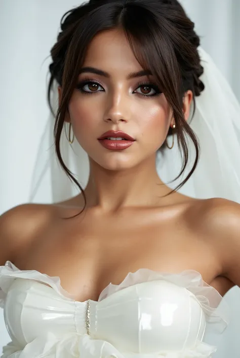 red lip gloss, thick black eyeliner flicks, mascara, face close up, beautiful brown hair, white latex rubber wedding dress with ruffles and latex veil, huge oily tits, 