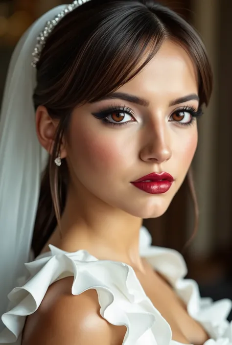red lip gloss, thick black eyeliner flicks, mascara, face close up, beautiful brown hair, white latex rubber wedding dress with ruffles and latex veil, huge oily tits, bright red lips with shiny lip gloss