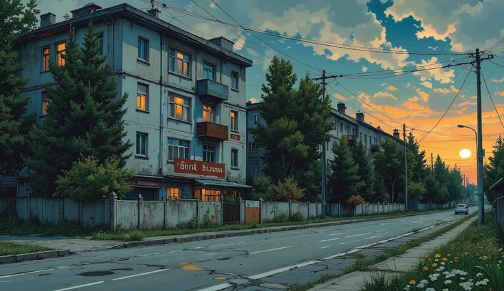 landscape, street, USSR Vibes, detailed panelki, Russian Apartments, many green trees, orange evening, summer, night, big moon, stars:1.5, cloudy, grass, crossroad:1.5, cracks in the asphalt:0.3, soviet-style concrete fence:0.15, flowers:0.15, without sun,...