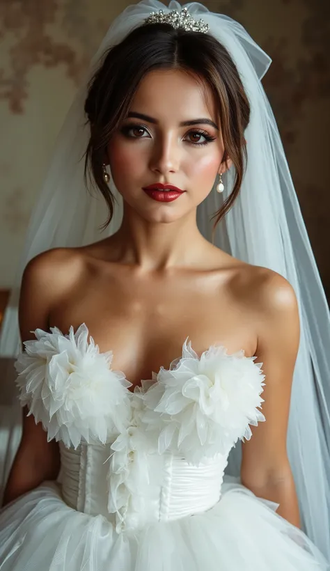 full body portrait including legs and feet, red lip gloss, thick black eyeliner flicks, mascara, face close up, beautiful brown hair, white latex rubber wedding dress with ruffles and latex veil, huge oily tits, bright red lips with shiny lip gloss