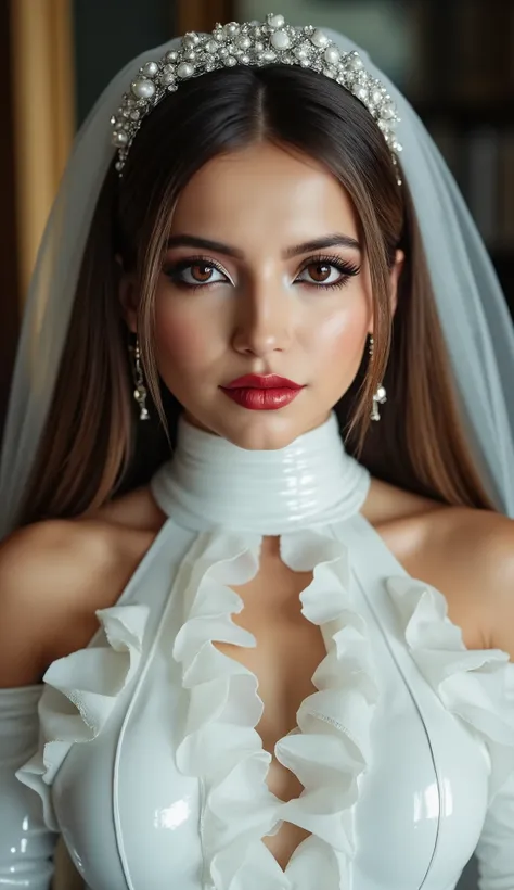 full body portrait including legs and feet, red lip gloss, thick black eyeliner flicks, mascara, face close up, beautiful brown hair, white latex rubber wedding dress with ruffles and latex veil, huge oily tits, bright red lips with shiny lip gloss