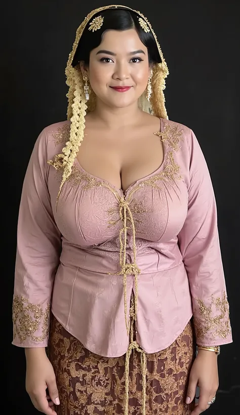 A beautiful indonesian mom 45s has plump body , dressed in traditional Javanese formal attire, She wears a wearing a pink kebaya with gold ornament , paired with a beautifully patterned batik kain in earthy tones . His outfit is completed with a gold-accen...
