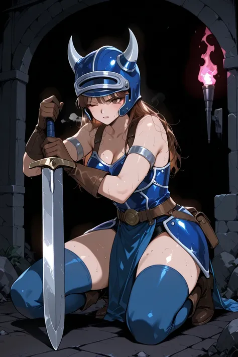 dqdaisy, brown hair, brown eye,wince,horned helmet, fake horns, blue armor, belt, armlet, brown gloves, blue thighhighs, bare shoulders, cleavage, Survivor's Breath: Aftermath of Battle、on one knee、knee up、. Crouching on one knee.from below.low angle,Hands on sword hilt.knee up、on one knee、
Anime comic style illustration, flat animation, retro 1980s style, Dragon Quest aesthetic.xss、wince,sweat,Dirt on equipment. Dirt on the body. 
Out of breath with mouth open. Tiredness.Brown leather boots.straight hair、Brown leather gloves.one eye closed,heroine, Pale lipstick.Pale blush.
In the oppressive gloom of a dungeon, a formidable female warrior rests after a strenuous fight. Her **blue armor** is scuffed, and her **long brown hair** is slightly disheveled. She's on one knee, using her **sword as a prop**, visibly **tired and out of breath**. A weary, almost embarrassed **wry smile** is on her lips as she looks directly at the viewer. Her **bare shoulders** with **thick straps**, **blue pelvic curtain** over her hips, **beautiful thighs** above **light blue thigh-highs**, and **black inner leotard** are all visible. Her **horned helmet (fake horns)** might be hanging from her belt or placed beside her.

**Camera:** A close-up shot, focusing on her face, upper torso, and the hand gripping the sword. This intimate perspective highlights her exhaustion, the detail of her armor, and the subtle wry smile, drawing the viewer into her moment of respite.
**Lighting:** Dark and atmospheric, with the main light source coming from a single point (e.g., a magic orb, a distant torch), creating strong contrasts and emphasizing her fatigue through shadows under her eyes. The flat colors retain vibrancy despite the darkness.
**Background:** The immediate, rough stone floor and wall of the dungeon, possibly with a defeated monster's outline faintly visible in the deeper shadows, providing context to the hard-fought victory.