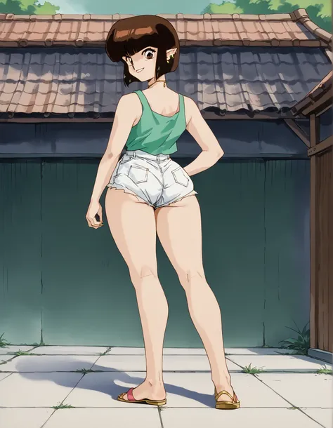  score_9, score_8_up, score_7_up, source_anime, rating:safe, nabiki_tendou, short_hair, brown_hair, bob_cut, blunt_bangs, blunt_ends, brown_eyes, green_tank_top, white_shorts, 1girl, alternate_ass_size, ass, earrings, elf, huge_ass, jewelry, looking_at_vie...