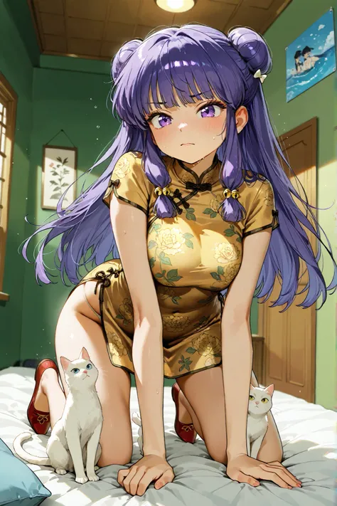 (Alone:1.3),1 girl\(Shampoo,  Anime Character\(ranma1/2\),beautiful,sexy,  long hair,  looking at the spectator , blows, simple bottom, hair accessory, white bottom, dress, purple eyes,  full body ,  purple hair, sideburns, hair bun, Campaign, double bun, ...