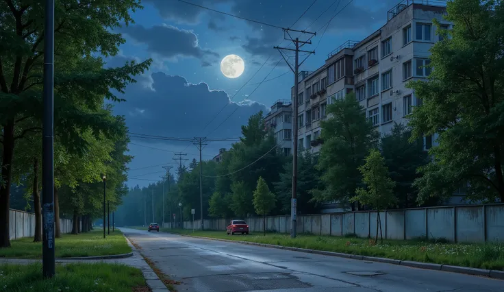 landscape, street, USSR Vibes, detailed panelki, Russian Apartments, many green trees, night, summer, big moon, stars:1.5, cloudy:1.5, grass, crossroad:1.5, cracks in the asphalt:0.3, soviet-style concrete fence:0.15, flowers:0.15, without sun, garages, no...