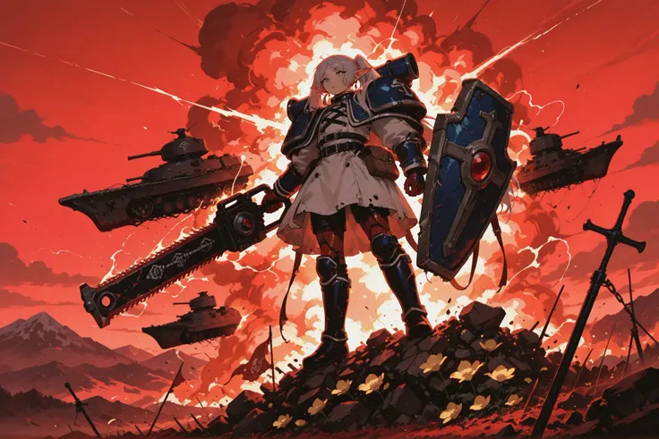 In the official art style of the anime 'Frieren: Beyond Journey's End', create a highly impactful, epic panoramic war tapestry. Utilize a wide-angle, long-shot perspective to depict a war-torn alien world. In the crimson sky, Imperial Gothic battleships an...