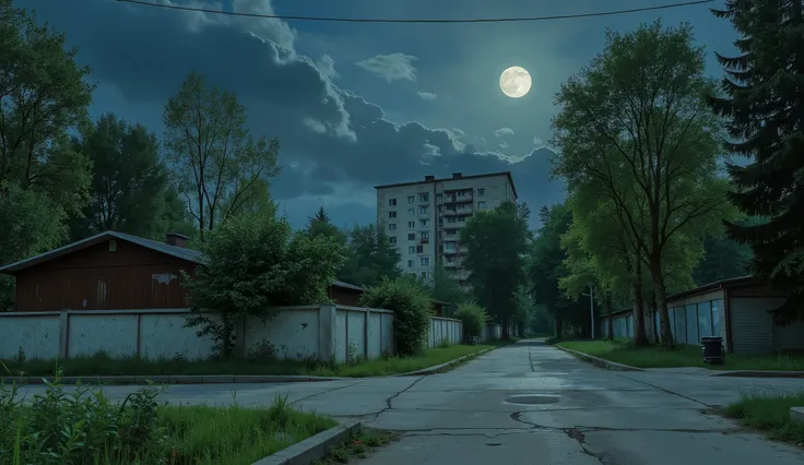 landscape, street, USSR Vibes, detailed panelki, Russian Apartments, many green trees, night, summer, big moon, stars:1.5, cloudy:1.5, grass, crossroad:1.5, cracks in the asphalt:0.3, soviet-style concrete fence:0.15, flowers:0.15, without sun, garages, no...