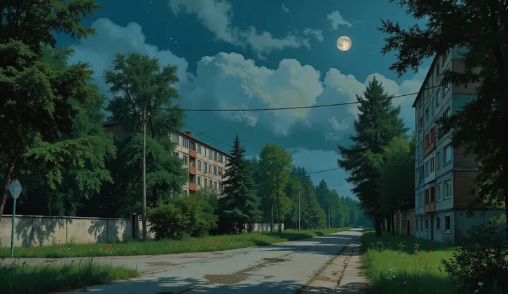 landscape, street, USSR Vibes, detailed panelki, Russian Apartments, many green trees, night, summer, big moon, stars:1.5, cloudy:1.5, grass, crossroad:1.5, cracks in the asphalt:0.3, soviet-style concrete fence:0.15, flowers:0.15, without sun, garages, no...