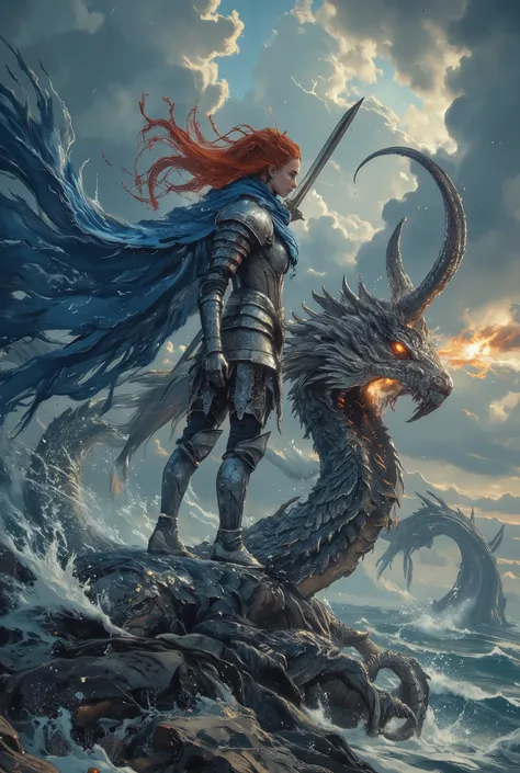 On top of the textured scaly head of a sea serpent, a monstrous leviathan with long twisted horns that look a little like coral wet with splashes of water
close-up from above on the head of a huge giant sea serpent bigger than mountains, piercing a huge bu...