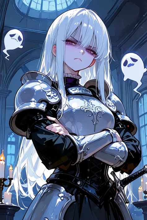 Gothic style, 1 girl, cute ghost night, pale blue translucent woman, armor, thin sword at waist, scowling face, arms crossed, Western-style mansion, candles, chilly atmosphere, masterpiece, high-definition anime illustration, high quality, high resolution