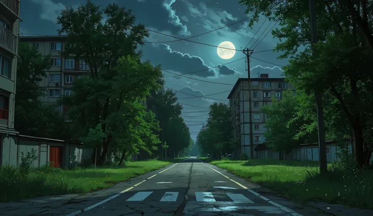landscape, street, USSR Vibes, detailed panelki, Russian Apartments, many green trees, night, summer, big moon, stars:1.5, cloudy:1.5, grass, crossroad:1.5, cracks in the asphalt:0.3, soviet-style concrete fence:0.15, flowers:0.15, without sun, garages, no...