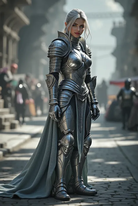Fl^xPr0Ultr@,Dt@1lr,1nd1@nB3@uty,Viewpoint from below、Woman Looking Upscale、female warrior wearing silver shining armor、Wearing a sword、 Silver Hair、bright blue eyes、masterpiece、High Quality、high resolution